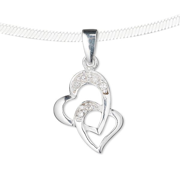 Pendant, sterling silver and cubic zirconia, clear, 16x14mm double heart. Sold individually. image number 0