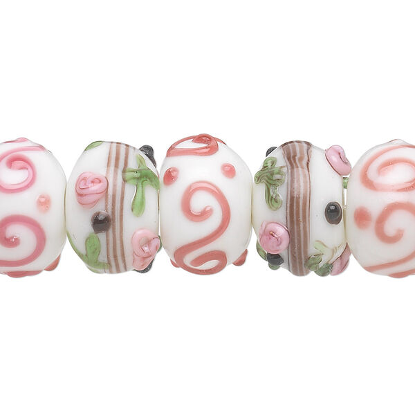 Bead, lampworked glass, multicolored, 13x8mm-15x11mm bumpy rondelle with assorted flower and swirl designs. Sold per pkg of 20. image number 0