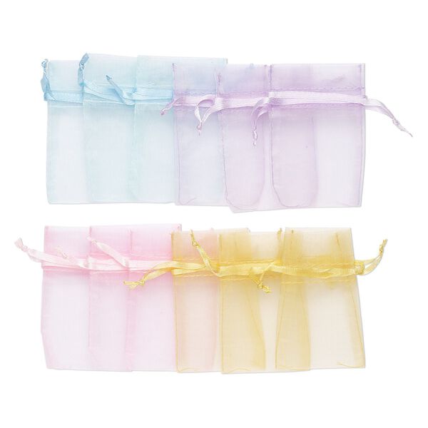 Pouch, organza, assorted pastels, 3x2 inches with drawstring closure. Sold per pkg of 12. image number 0