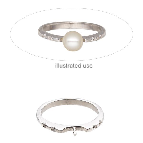 Ring, cubic zirconia and sterling silver, clear, 2mm wide with 3.5mm twisted peg, fits up to 8mm half-drilled round bead, size 7. Sold individually. image number 0