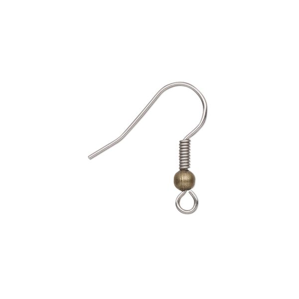 Ear wire fishhook 1pkg20 antique gold-plated, 20mm / 3mm ball / 4.5x2mm coil / open loop, 21 gauge brass / stainless steel 10 pair image number 0
