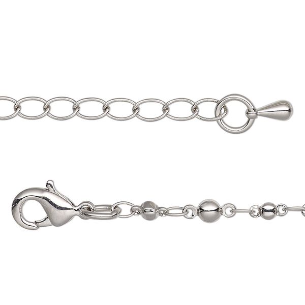 Chain, imitation rhodium-plated brass, 3.5mm beaded round, 18 inches with 2-inch extender chain and lobster claw clasp. Sold individually. image number 0