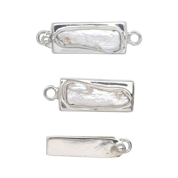 Clasp, tab, cultured freshwater pearl (bleached) and sterling silver, white, 24x10mm-26x12mm rectangle stick. Sold individually. image number 0