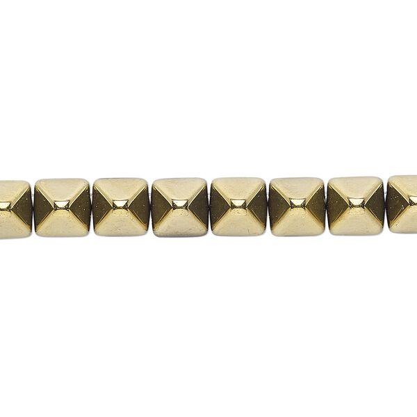 Spacer, Preciosa, Czech pressed glass, opaque bronze gold, 6x6x7mm 2-strand pyramid, fits up to 3mm bead. Sold per 8-inch strand, approximately 30 spacers. image number 0