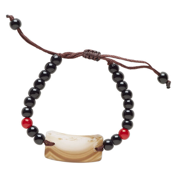 Black agate / brown agate / glass / waxed cotton 1pkg1, curved rectangle bracelet adjustable 5-7.5 inch 15mm image number 0