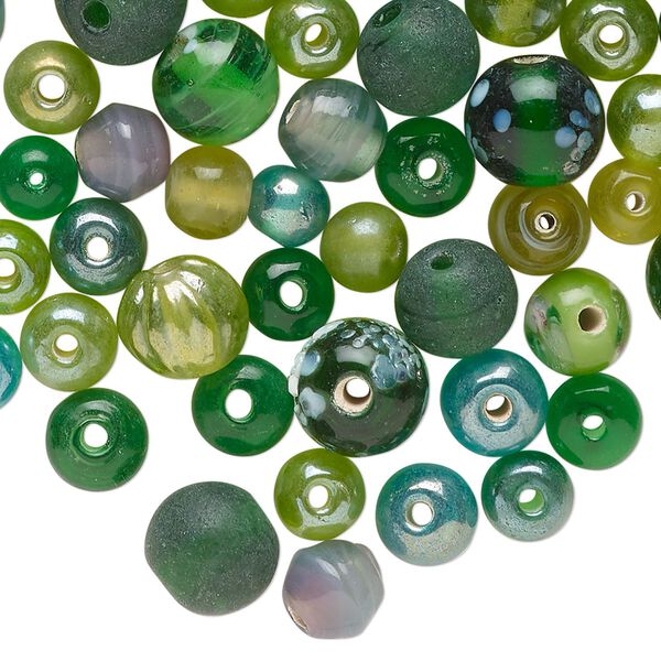 Bead mix, glass, translucent multi-green luster, 6-9mm round with silver-colored foil. Sold per 2-ounce pkg, approximately 135 beads. image number 0