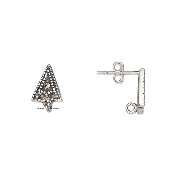 Earstud 1pkg2 sterling silver / marcasite (natural), 11.5x8mm arrowhead / hidden open loop / earnuts, antiqued 1 pair image number 0