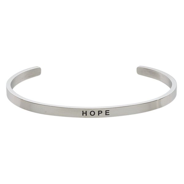 Bracelet, Everyday Jewelry, cuff, stainless steel, 4mm wide with "HOPE," 8 inches. Sold individually. image number 0