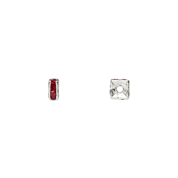 Bead, glass rhinestone and silver-plated brass, garnet red, 4x2mm squaredelle. Sold per pkg of 10. image number 0