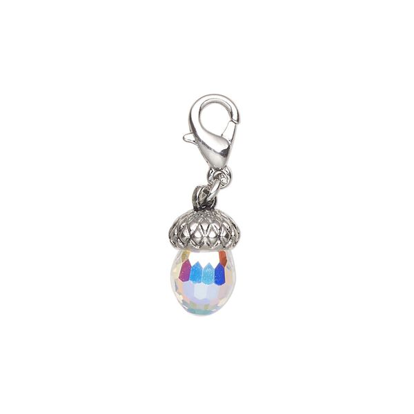 Charm crystal steel 1pk 12x8mm acorn with lobster claw clasp, clear AB silver finish image number 0