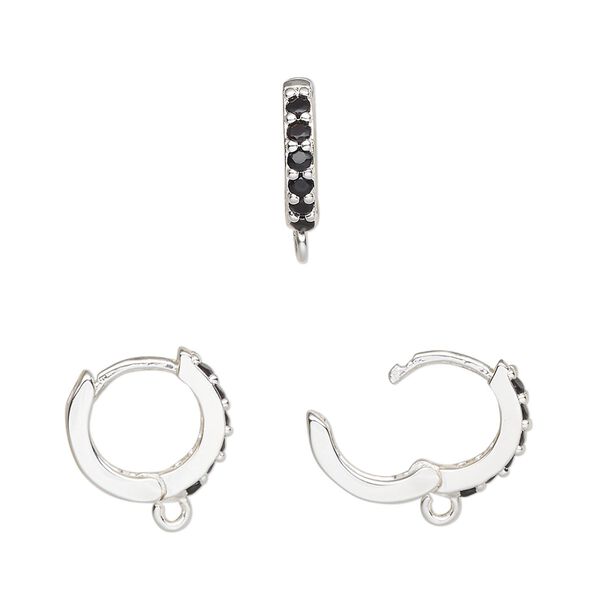 Hoop, silver-finished brass and glass, black, 13mm hoop, 17 gauge. Sold per pair. image number 0