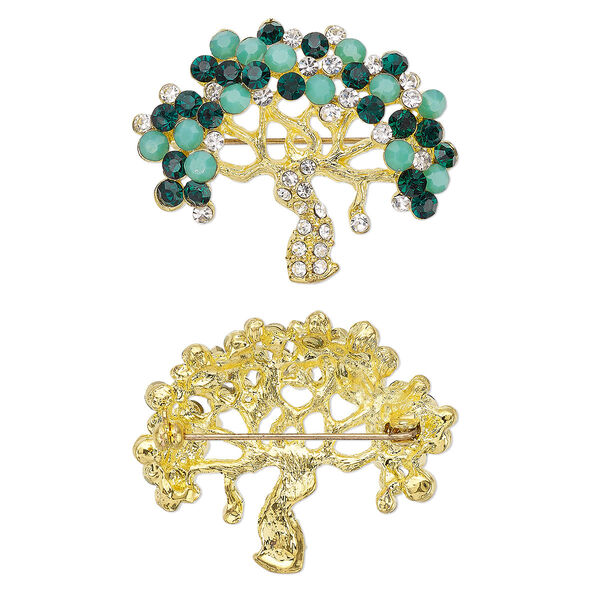 Brooch, glass rhinestone with gold-finished brass and "pewter" (zinc-based alloy), dark green / light green / clear, 40x35mm tree of life. Sold individually. image number 0