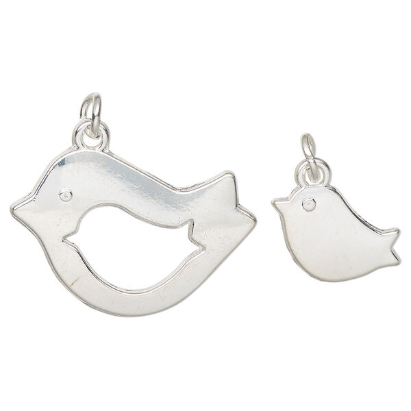 Charm, silver-finished "pewter" (zinc-based alloy) and steel, 27x20mm bird with cutout design and 15x10mm single-sided bird. Sold per pkg of (2) 2-piece sets. image number 0