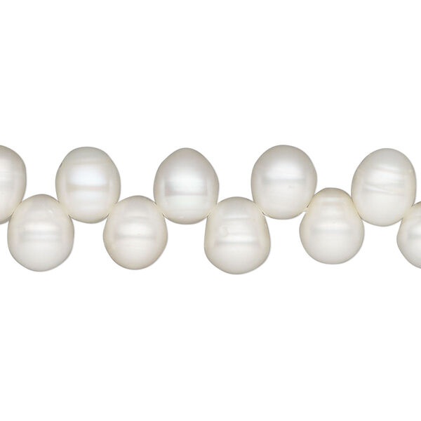 Pearl, cultured freshwater (bleached), white, 8x6mm-10x7mm top-drilled rice, C grade, Mohs hardness 2-1/2 to 4. Sold per 15-inch strand. image number 0