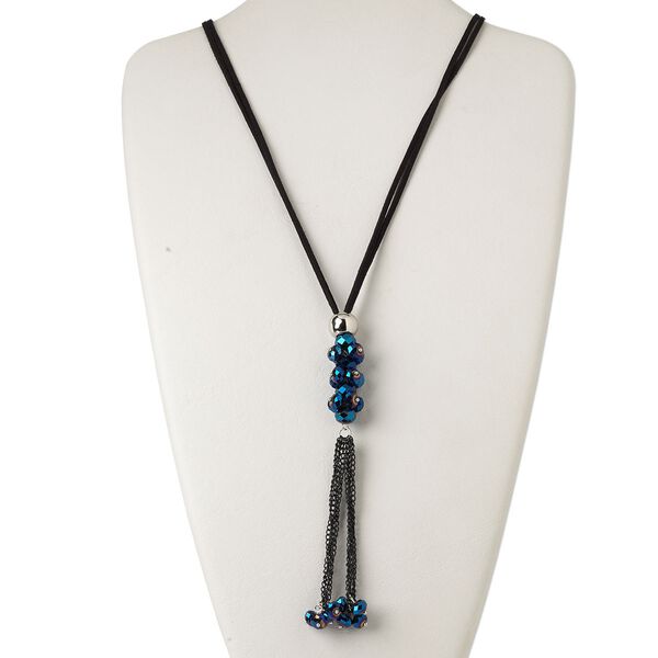 Necklace, 2-strand, velvet cord / steel / glass / silver-coated plastic, black and metallic blue, 8x6mm faceted rondelle with 6-inch dangle, 32 inches with knotted end. Sold individually. image number 0