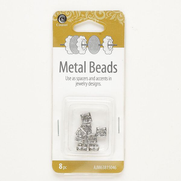 Bead, silver-finished brass and glass, clear, 6x3mm squaredelle. Sold per pkg of 8. image number 0