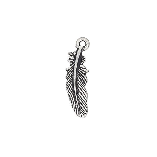 Charm, TierraCast®, antique silver-plated pewter (tin-based alloy), 20x7.5mm double-sided feather. Sold per pkg of 20. image number 0