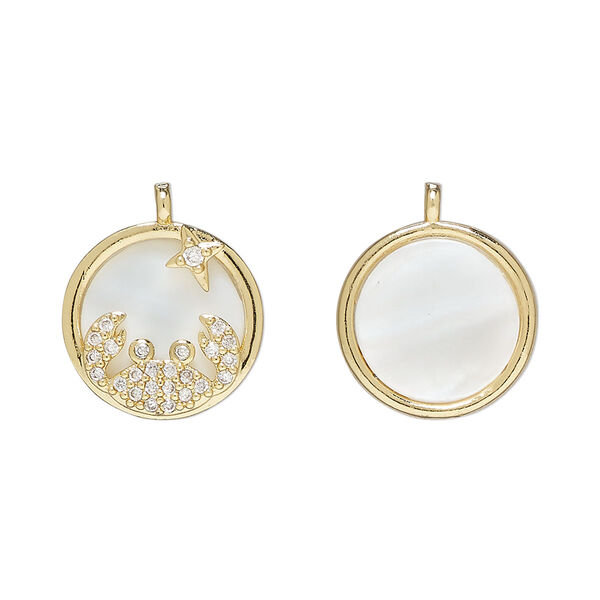 Drop 1pkg2 brass / freshwater pearl shell / glass rhinestone, 15mm round, bleached gold finish / white / clear image number 0
