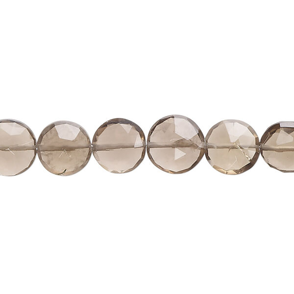 Smoky quartz 1pkg1, hand-cut faceted puffed flat round bead 7 inch 8-10mm image number 0