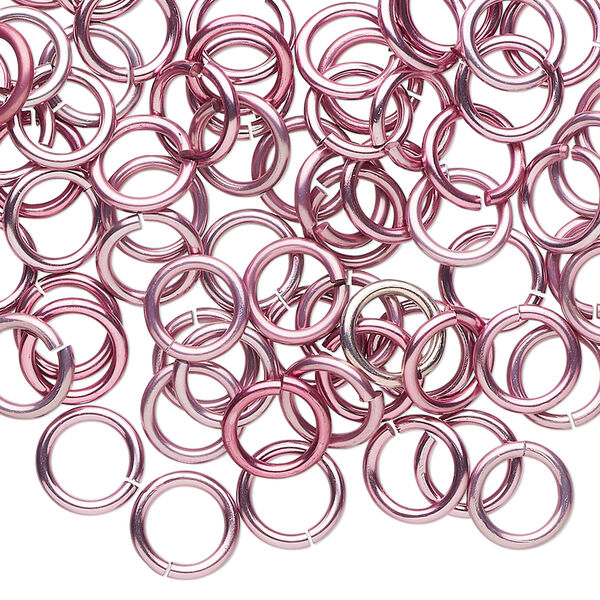 Jump ring, anodized tempered aluminum, pink, 8mm round, 5.6mm inside diameter, 17 gauge. Sold per pkg of 100. image number 0