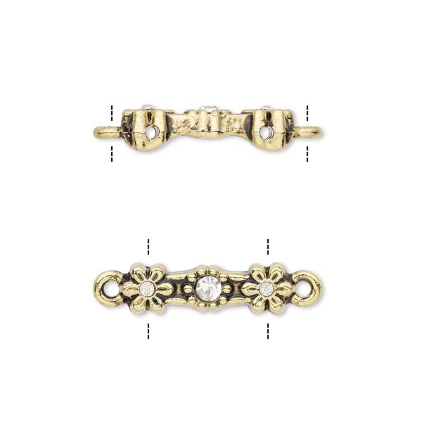 Link, glass rhinestone and antique gold-finished "pewter" (zinc-based alloy), clear, 18x5mm double-drilled bar with flower design, fits up to 11.5mm bead. Sold per pkg of 10. image number 0