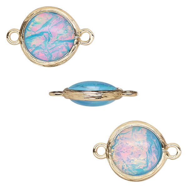 Link, Opalized Ice™, "opal" (resin) and gold-finished brass, light blue, 14mm double-sided round. Sold per pkg of 4. image number 0