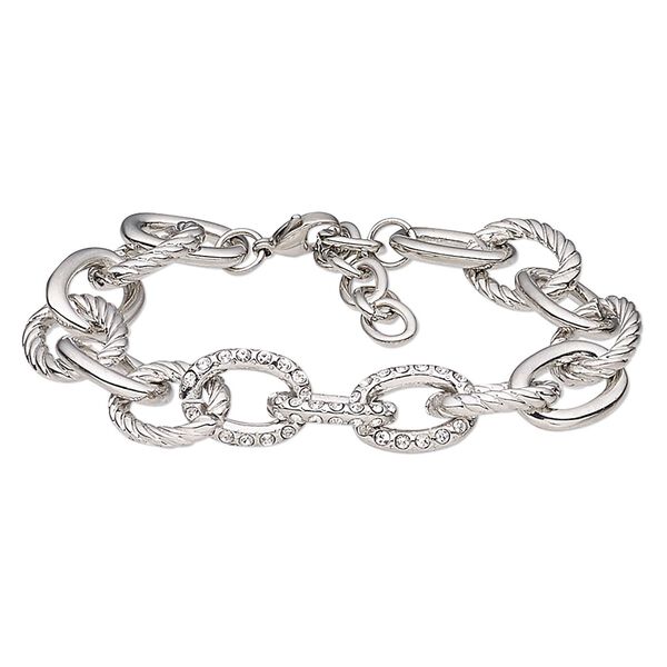 Bracelet, glass rhinestone / imitation rhodium-plated brass / steel / "pewter" (zinc-based alloy), clear, 14mm cable. 6-1/2 inches with 1-1/2 inch extender chain and lobster claw clasp. Sold individually. image number 0