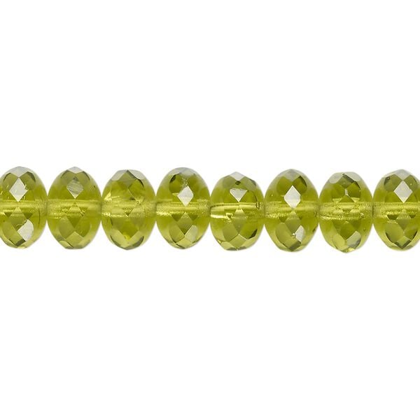 Bead, Czech fire-polished glass, transparent olivine, 9x5mm faceted rondelle. Sold per 15-1/2" to 16" strand. image number 0