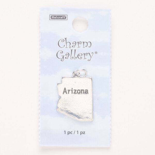 Charm, steel and enamel, pkg/1, silver finish and black, 22x18mm with "Arizona." image number 0