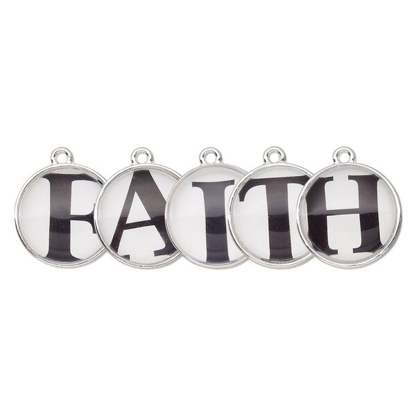 Drop, silver-finished "pewter" (zinc-based alloy) and plastic, black and white, 20mm single-sided domed flat round with "FAITH." Sold per 5-piece set. image number 0