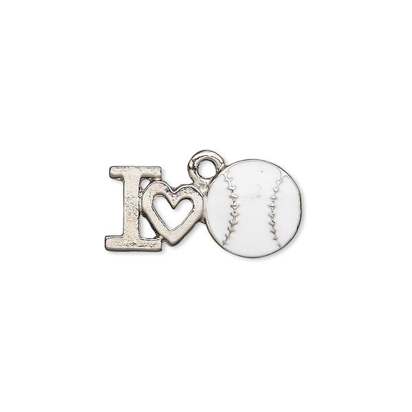 Charm, enamel and nickel-plated pewter (tin-based alloy), white, 21x10.5mm single-sided "I heart baseball." Sold individually. image number 0