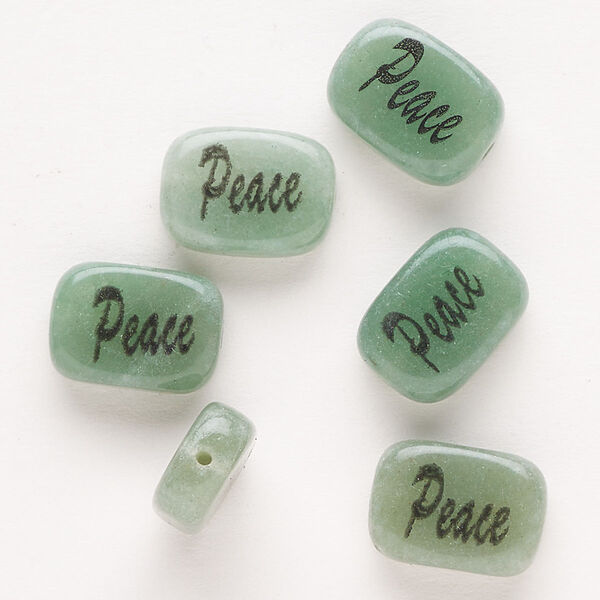 Green aventurine 1pkg6, double-sided "Peace" rounded flat rectangle bead 14x10mm image number 0