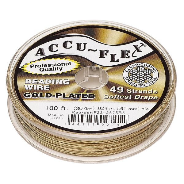Beading wire, Accu-Flex®, nylon and 24Kt gold-plated stainless steel, clear, 49 strand, 0.024-inch diameter. Sold per 100-foot spool. image number 0