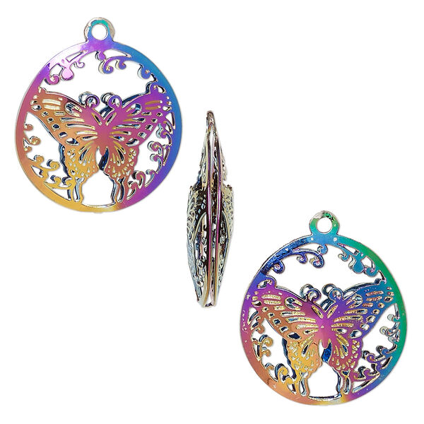 Drop, electro-coated stainless steel, rainbow, 18mm double-sided domed round with textured cut-out butterfly design. Sold per pkg of 6. image number 0