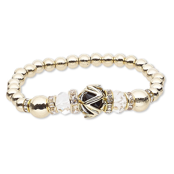 Bracelet, stretch, glass rhinestone / glass / gold-coated plastic / gold-finished "pewter" (zinc-based alloy), black and clear, 14mm round, 6 inches. Sold individually. image number 0