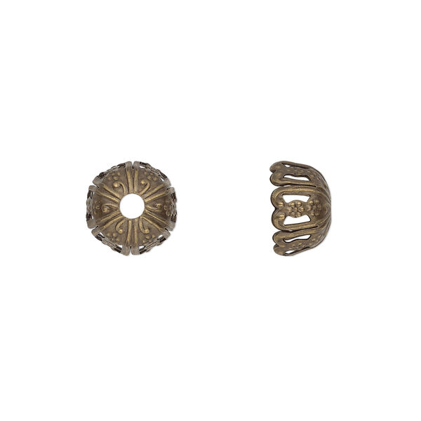Bead cap, antique gold-plated brass, stamped, 10x6mm fancy round, fits 10-12mm bead. Sold per pkg of 50. image number 0