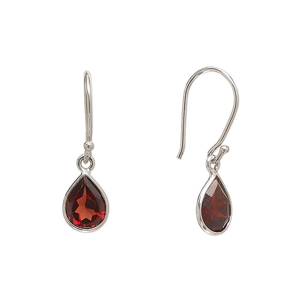 Earring, Create Compliments®, garnet (natural) and rhodium-plated sterling silver, 23mm teardrop with fishhook ear wire, 21 gauge. Sold per pair. image number 0