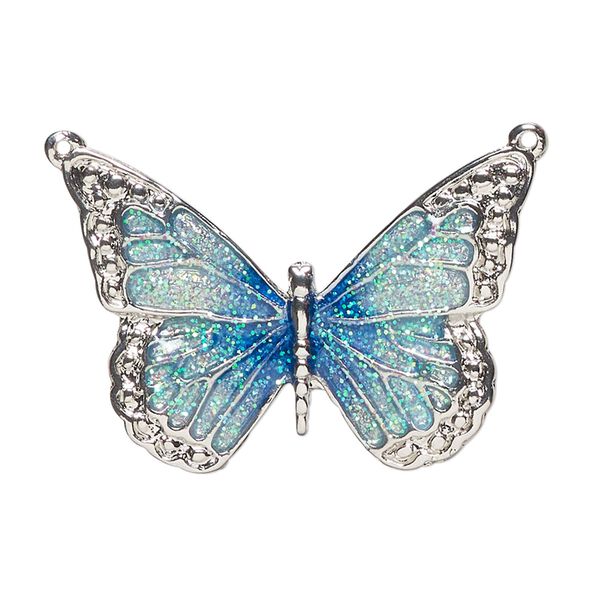 Connector, imitation rhodium-plated "pewter" (zinc alloy) and enamel, blue and green, 35x25mm single-sided butterfly. Sold individually. image number 0