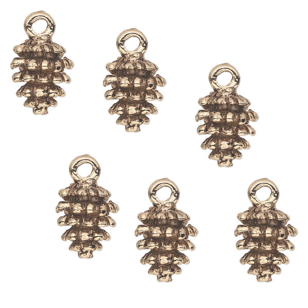 Charm, antique gold-plated pewter (tin-based alloy), 10.5x9mm fir cone. Sold per pkg of 6. image number 0