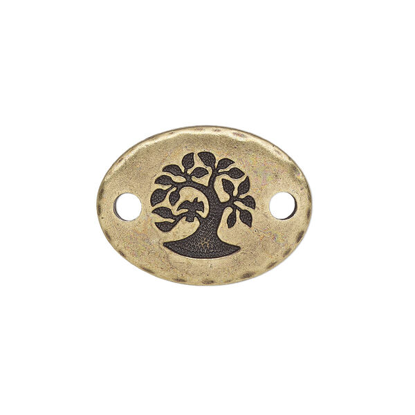 Link, TierraCast®, antique brass-plated pewter (tin-based alloy), 20x15mm single-sided hammered curved oval with bird in tree design. Sold per pkg of 2. image number 0