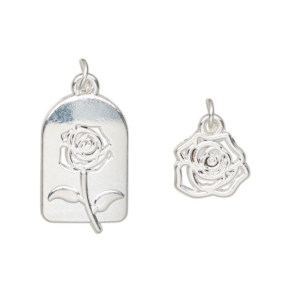 Charm, silver-finished "pewter" (zinc-based alloy) and steel, 21x13mm rose cutout design and 12x11mm single-sided rose. Sold per pkg of (2) 2-piece sets. image number 0
