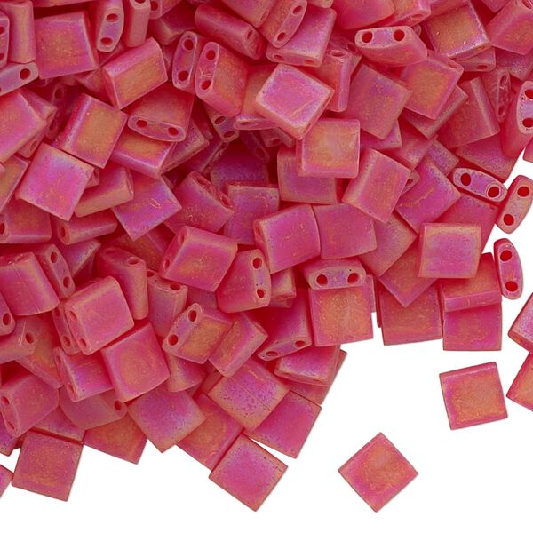 Seed bead, TILA®, glass, pkg/10g, 5mm full tila square, translucent matte rainbow light fire red, (TL-140FR). image number 0