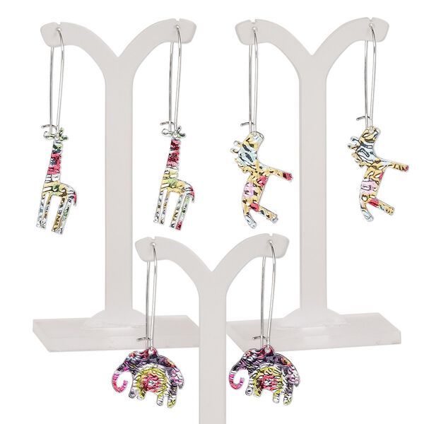 Earring mix, mylar / imitation rhodium-plated steel / "pewter" (zinc-based alloy), multicolored, 2 to 2-1/2 inches with elephant / giraffe / horse and kidney ear wire. Sold per pkg of 3 pairs. image number 0