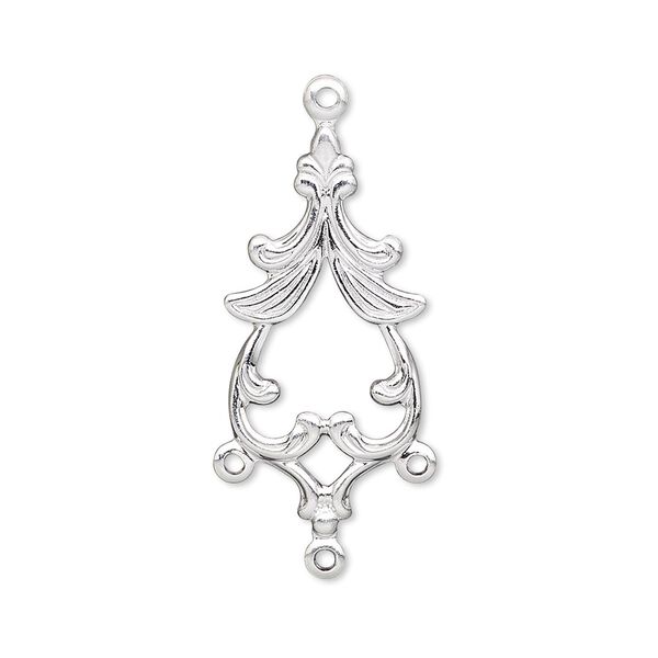Drop, silver-plated brass, 27x13mm single-sided fancy spade with 3 loops. Sold per pkg of 10. image number 0