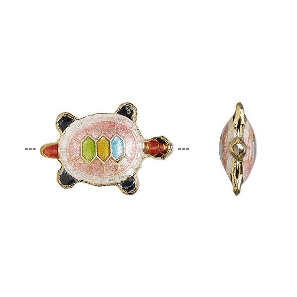 Bead, enamel and gold-finished copper, pink and multicolored, 20x13mm turtle. Sold per pkg of 4. image number 0