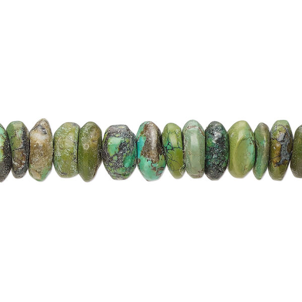 Bead, turquoise (dyed / stabilized), blue-green, 7x2mm-9x6mm rondelle with 0.8-1.1mm hole, C- grade, Mohs hardness 5 to 6. Sold per 15-1/2" to 16" strand. image number 0