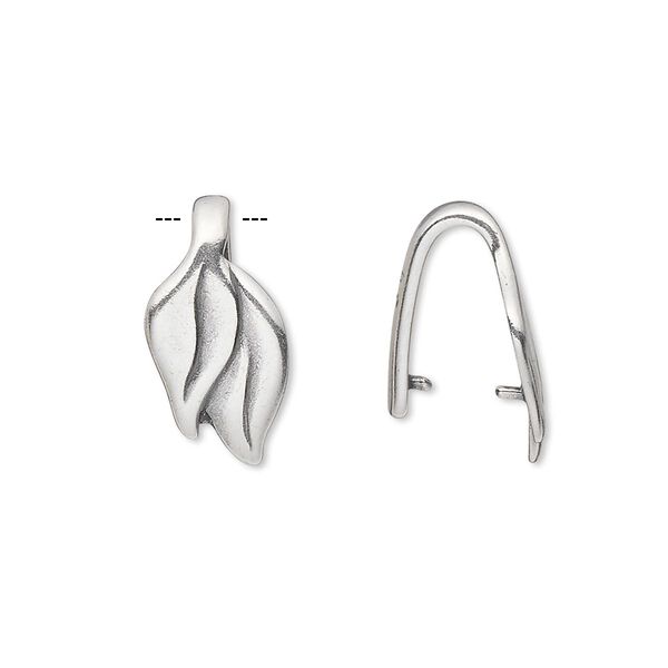 Bail, JBB Findings, ice-pick, antique silver-plated pewter (tin-based alloy), 18x9mm single-sided double leaf with 11mm grip length. Sold per pkg of 2. image number 0