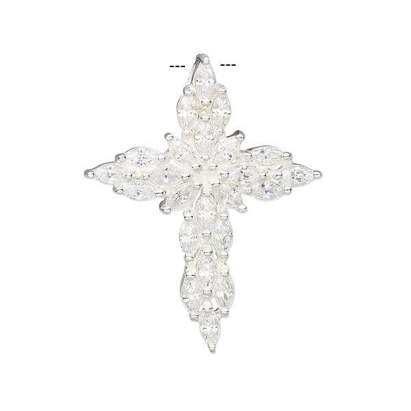 Pendant, sterling silver and cubic zirconia, clear, 32x25mm cross. Sold individually. image number 0