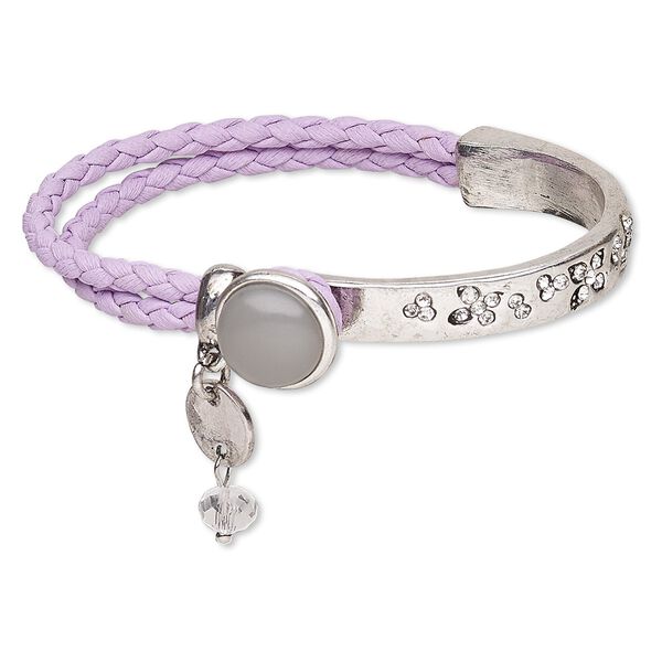 Bracelet, glass rhinestone / imitation leather / resin / antique silver-plated "pewter" (zinc-based alloy), purple / grey / clear, 14mm wide, 7 inches with button clasp. Sold individually. image number 0