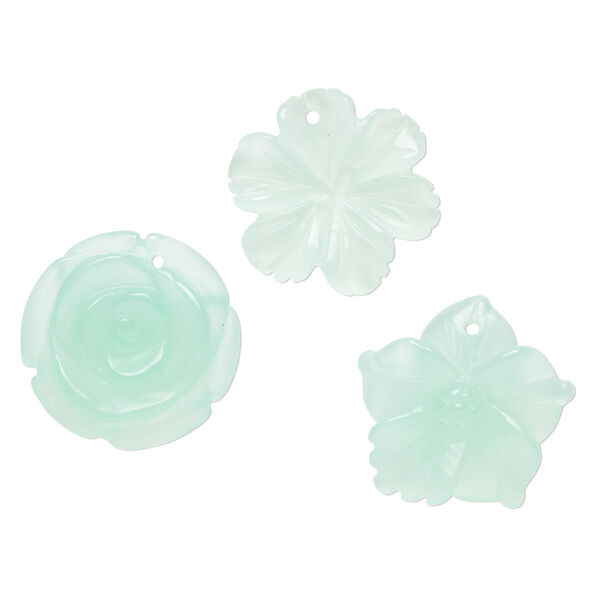 Drop mix, glass, translucent mint green, 23x18mm-26x25mm top-drilled carved flower. Sold per pkg of 3. image number 0
